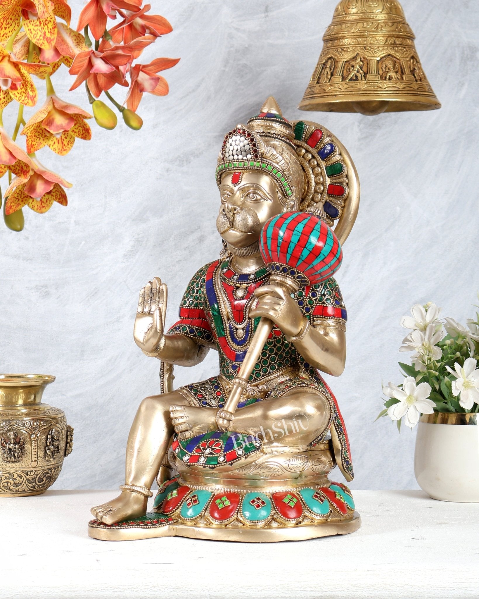 Pure Brass Large Hanuman Ji Idol | 15 Inch (38.1 cm) with meenakari Stonework - Budhshiv.com