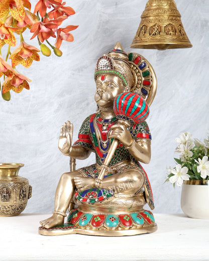 Pure Brass Large Hanuman Ji Idol | 15 Inch (38.1 cm) with meenakari Stonework - Budhshiv.com