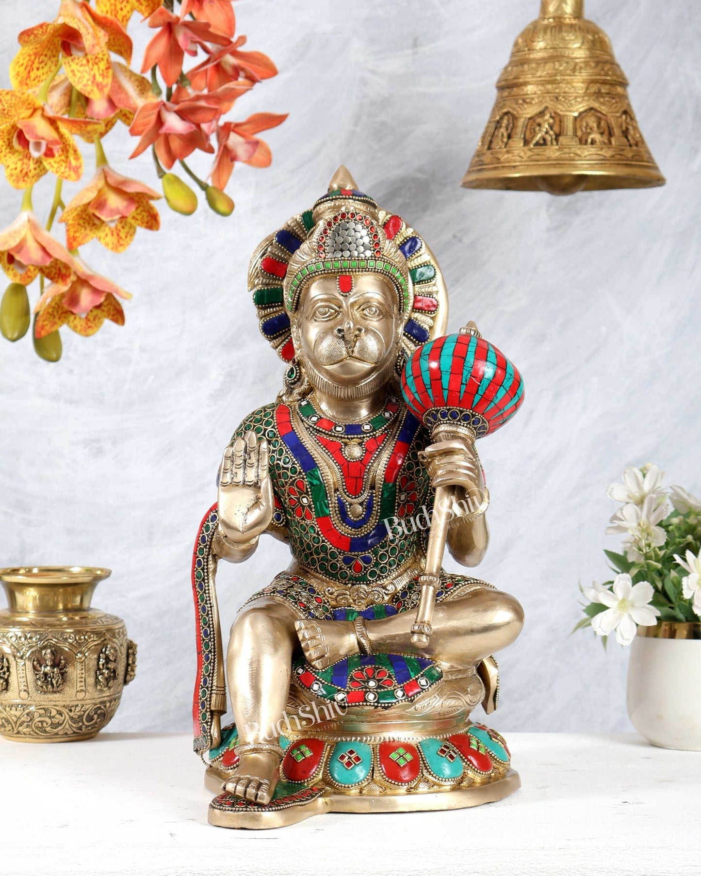Pure Brass Large Hanuman Ji Idol | 15 Inch (38.1 cm) with meenakari Stonework - Budhshiv.com