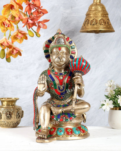 Pure Brass Large Hanuman Ji Idol | 15 Inch (38.1 cm) with meenakari Stonework - Budhshiv.com