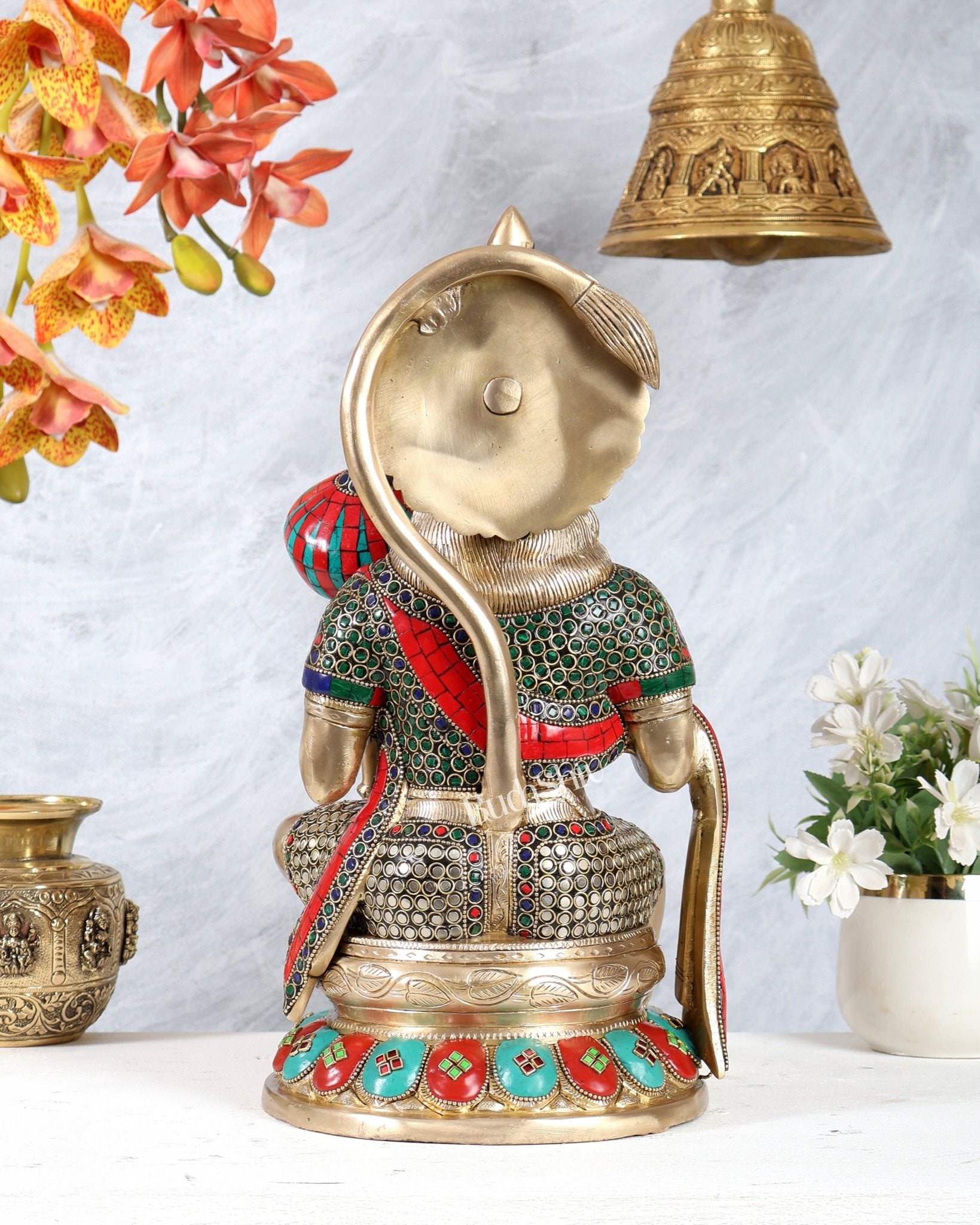 Pure Brass Large Hanuman Ji Idol | 15 Inch (38.1 cm) with meenakari Stonework - Budhshiv.com