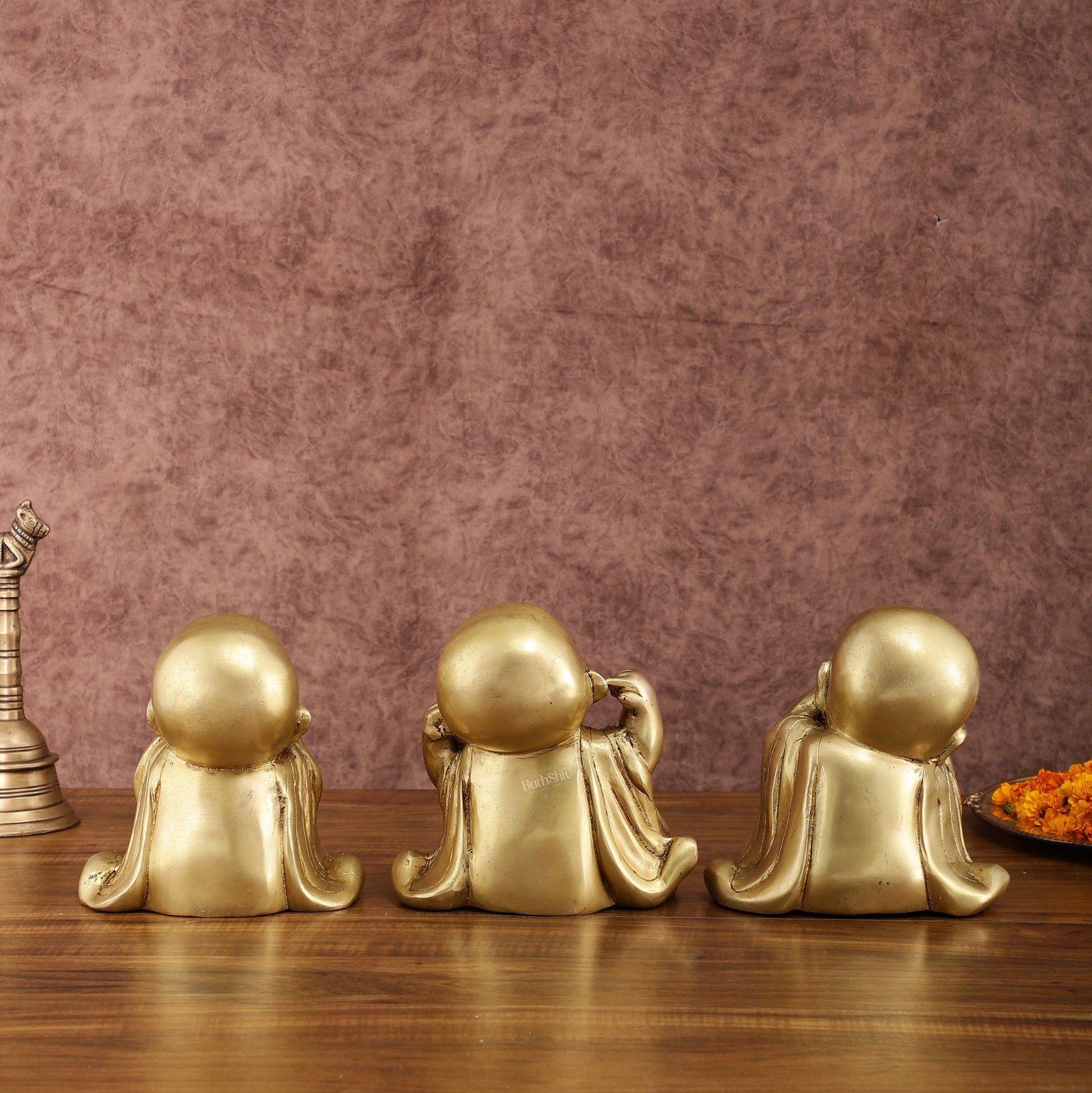 Pure Brass Large Happy Baby Monks Statues Set | 7.5 - inch, 10 kg - Budhshiv.com