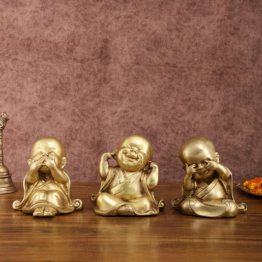 Pure Brass Large Happy Baby Monks Statues Set | 7.5 - inch, 10 kg - Budhshiv.com