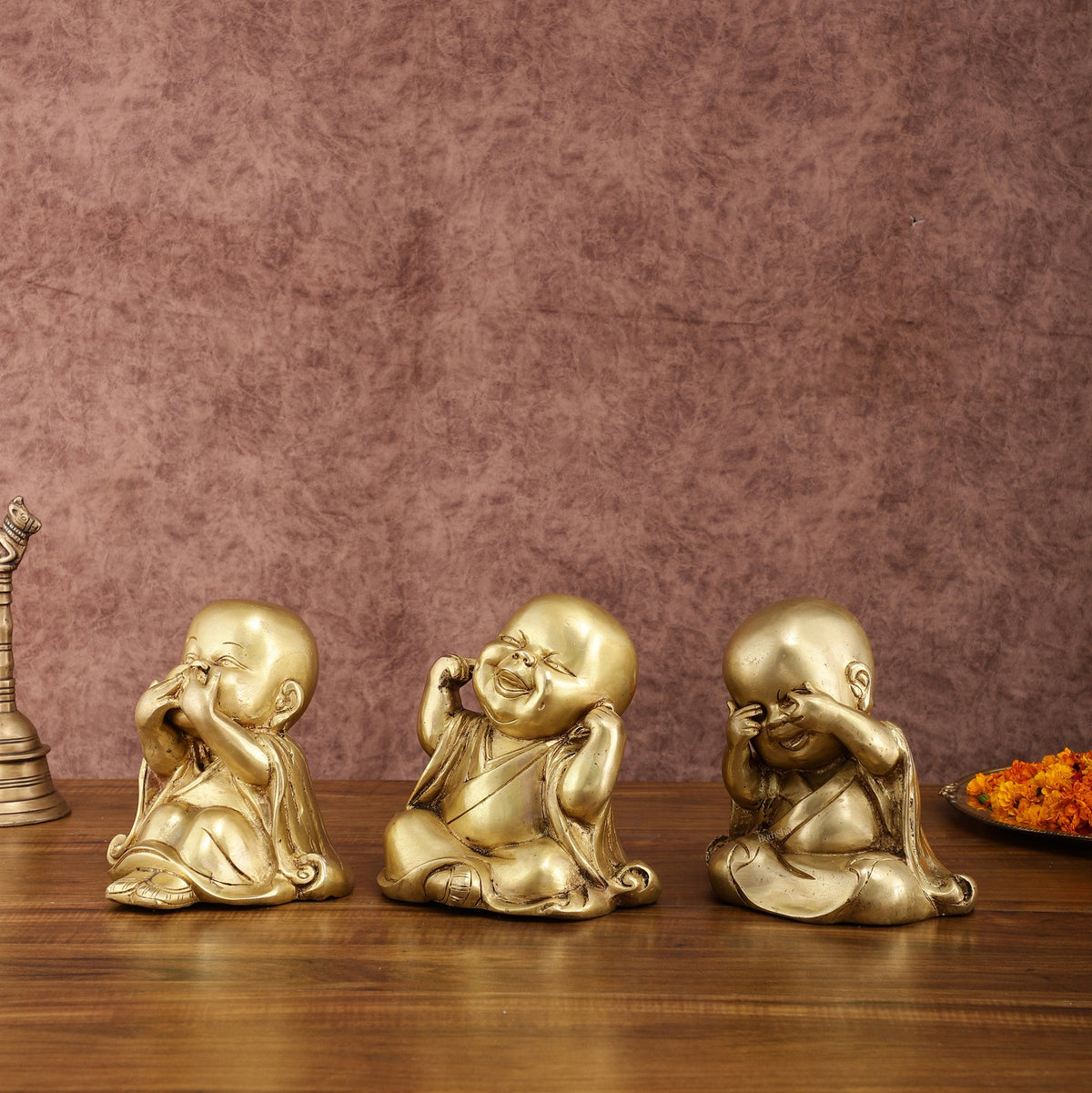 Pure Brass Large Happy Baby Monks Statues Set | 7.5 - inch, 10 kg - Budhshiv.com
