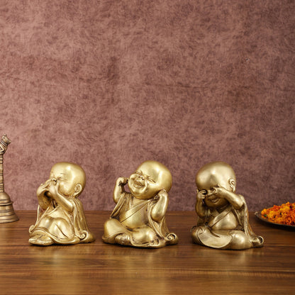 Pure Brass Large Happy Baby Monks Statues Set | 7.5 - inch, 10 kg - Budhshiv.com