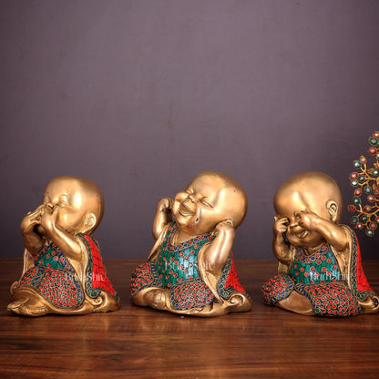 Pure Brass Large Happy Baby Monks Statues Set | 7.5 - inch with stonework - Budhshiv.com