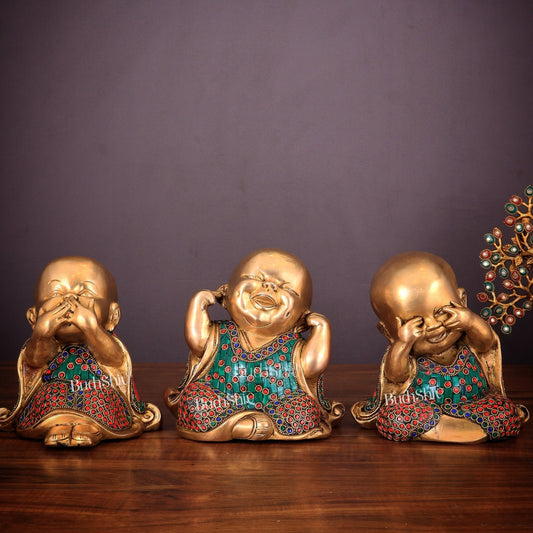 Pure Brass Large Happy Baby Monks Statues Set | 7.5 - inch with stonework - Budhshiv.com