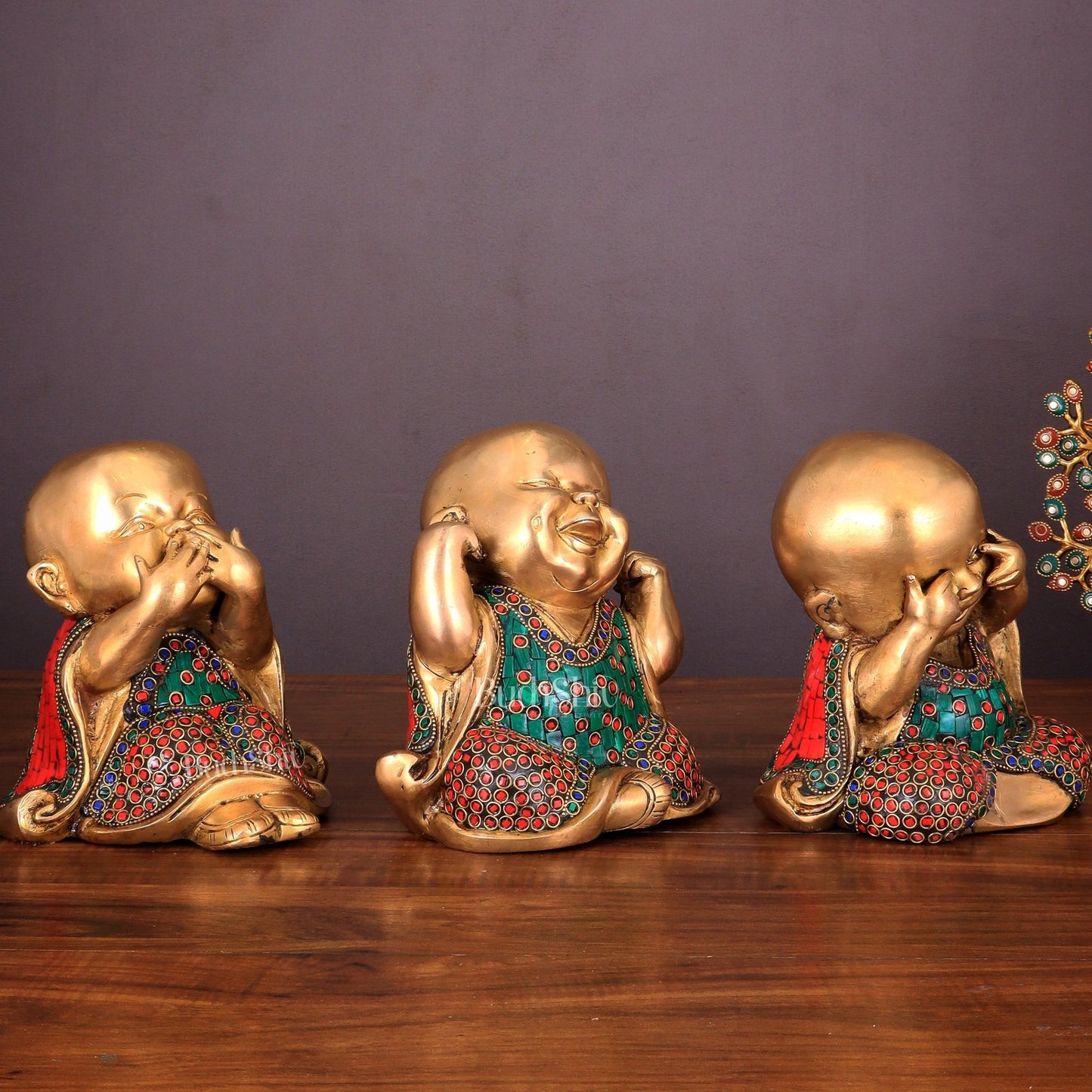 Pure Brass Large Happy Baby Monks Statues Set | 7.5 - inch with stonework - Budhshiv.com