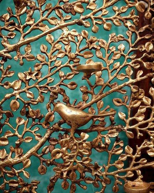 Pure Brass Large Kalpavriksha Tree with Birds & Diyas/T-Light Holders 50 inch - Budhshiv.com