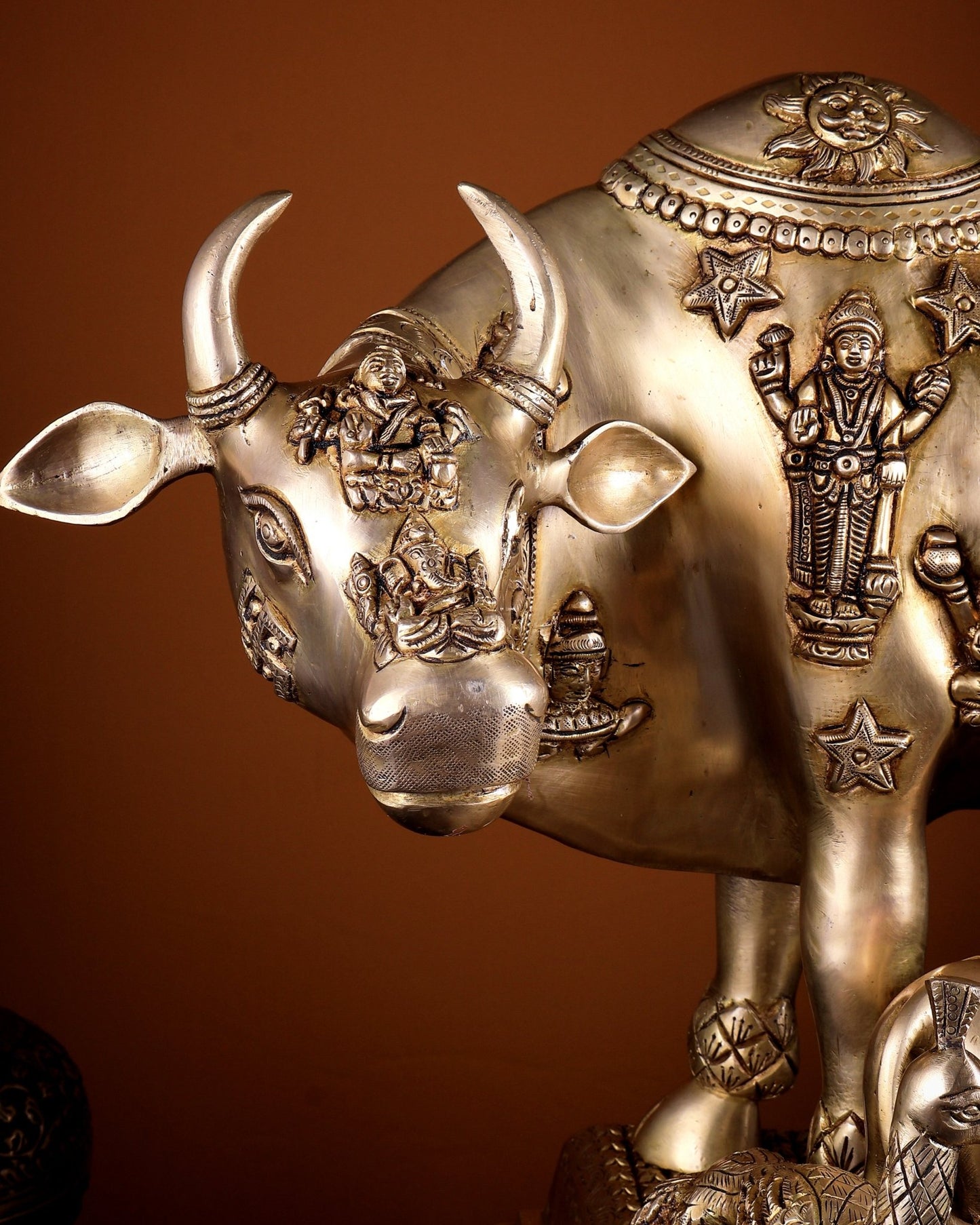 Pure Brass Large Kamdhenu Cow with Calf enhanced carvings 20 inch - Budhshiv.com