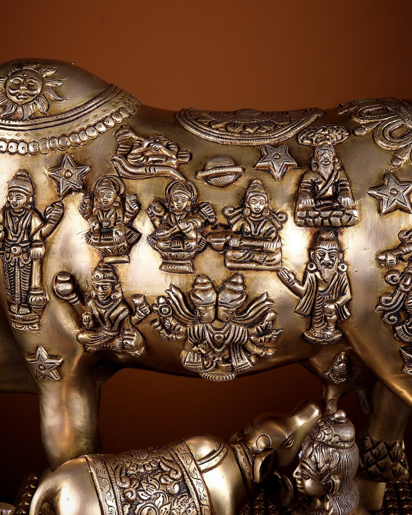 Pure Brass Large Kamdhenu Cow with Calf enhanced carvings 20 inch - Budhshiv.com