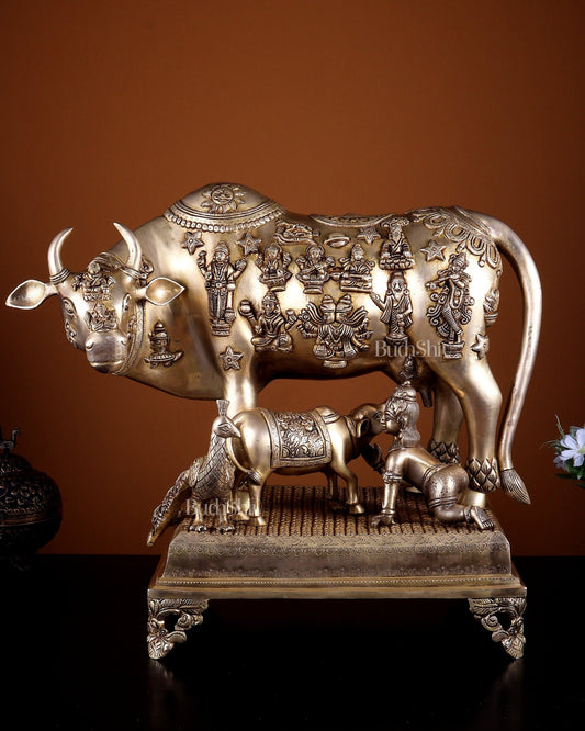 Pure Brass Large Kamdhenu Cow with Calf enhanced carvings 20 inch - Budhshiv.com