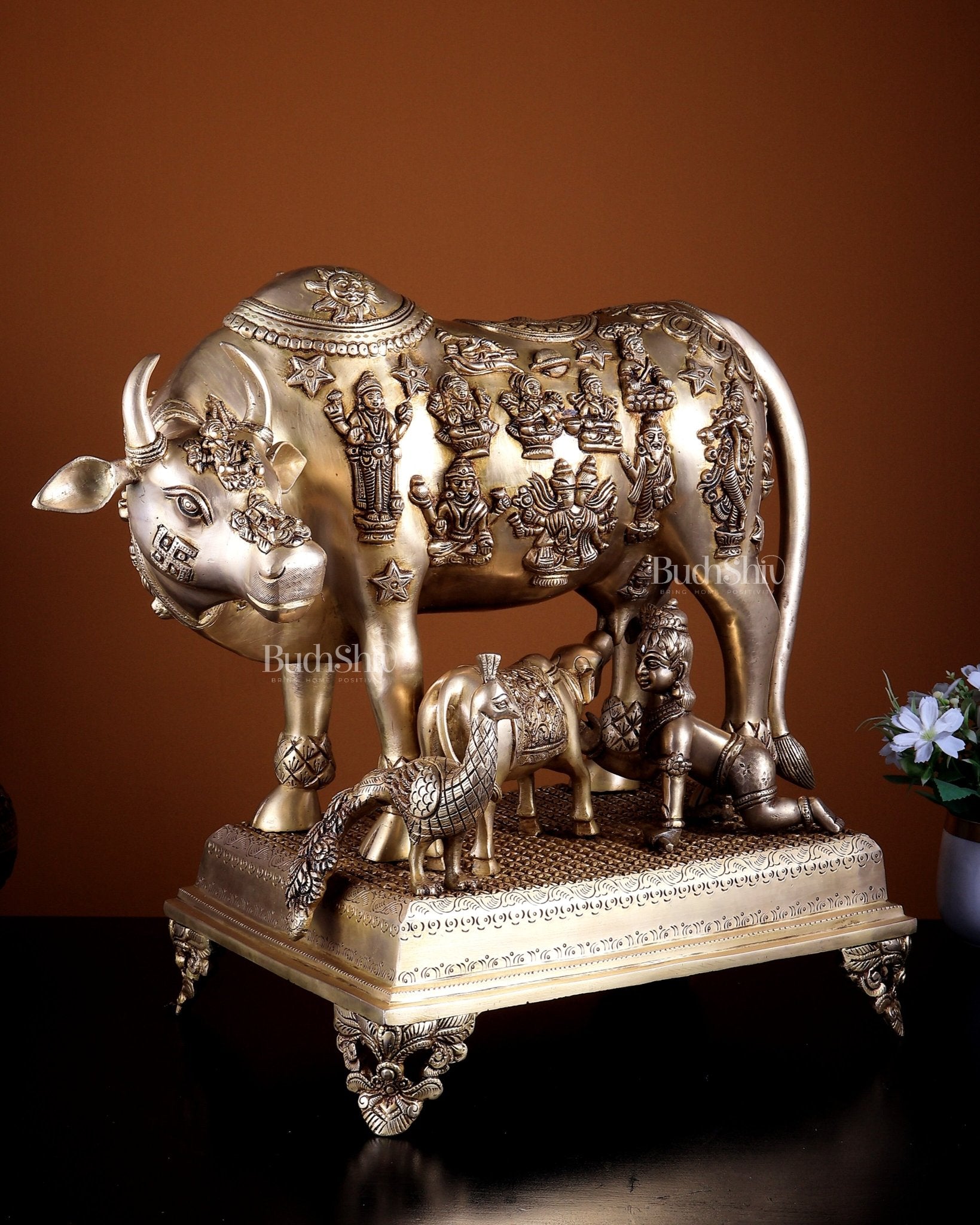 Pure Brass Large Kamdhenu Cow with Calf enhanced carvings 20 inch - Budhshiv.com