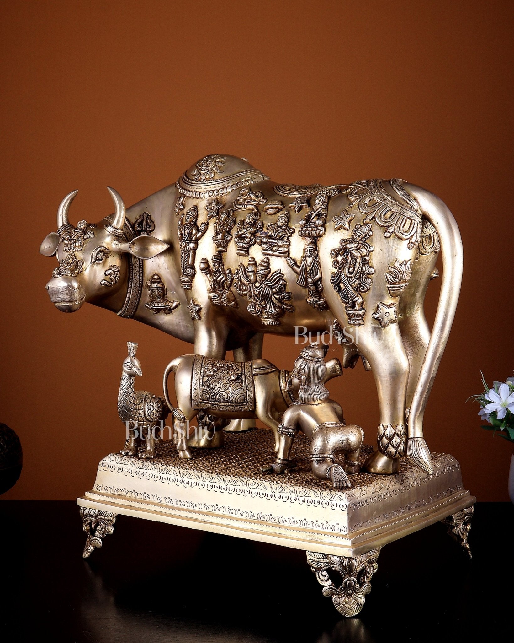 Pure Brass Large Kamdhenu Cow with Calf enhanced carvings 20 inch - Budhshiv.com