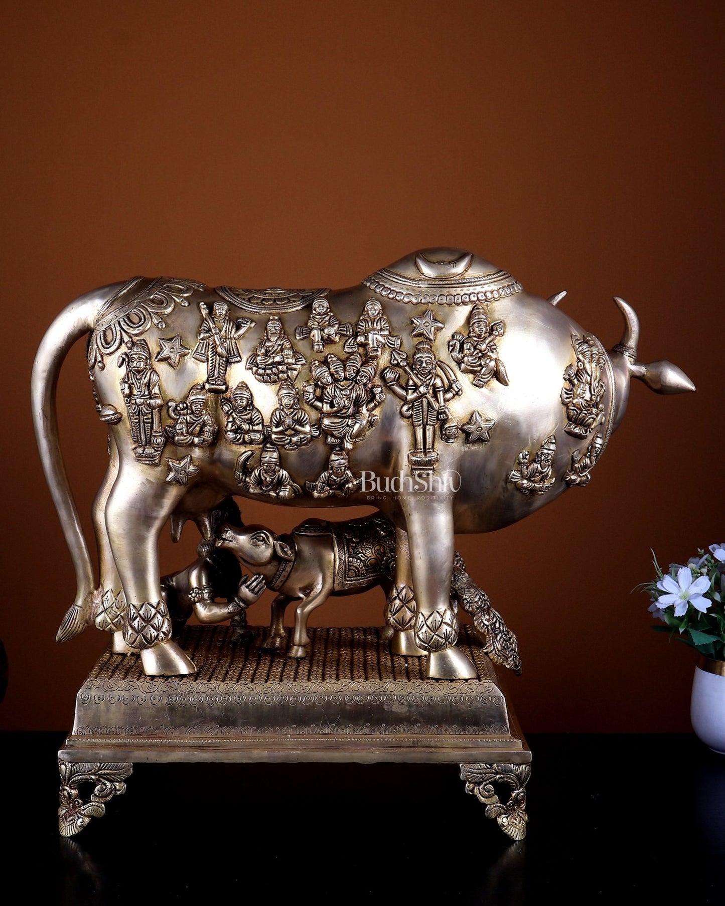 Pure Brass Large Kamdhenu Cow with Calf enhanced carvings 20 inch - Budhshiv.com