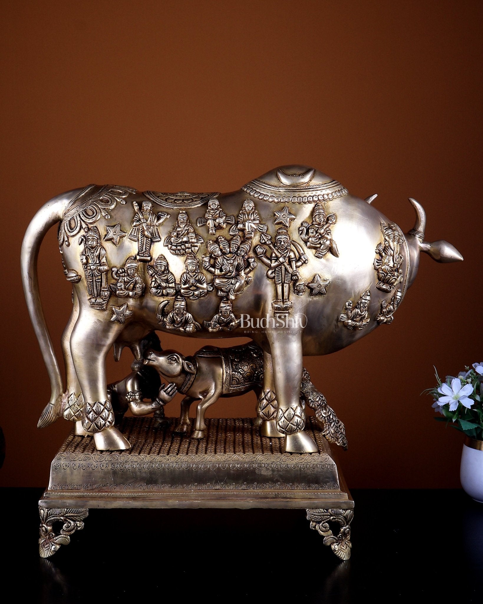 Pure Brass Large Kamdhenu Cow with Calf enhanced carvings 20 inch - Budhshiv.com