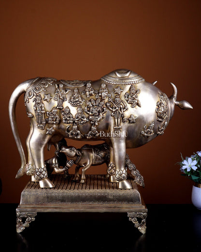 Pure Brass Large Kamdhenu Cow with Calf enhanced carvings 20 inch - Budhshiv.com