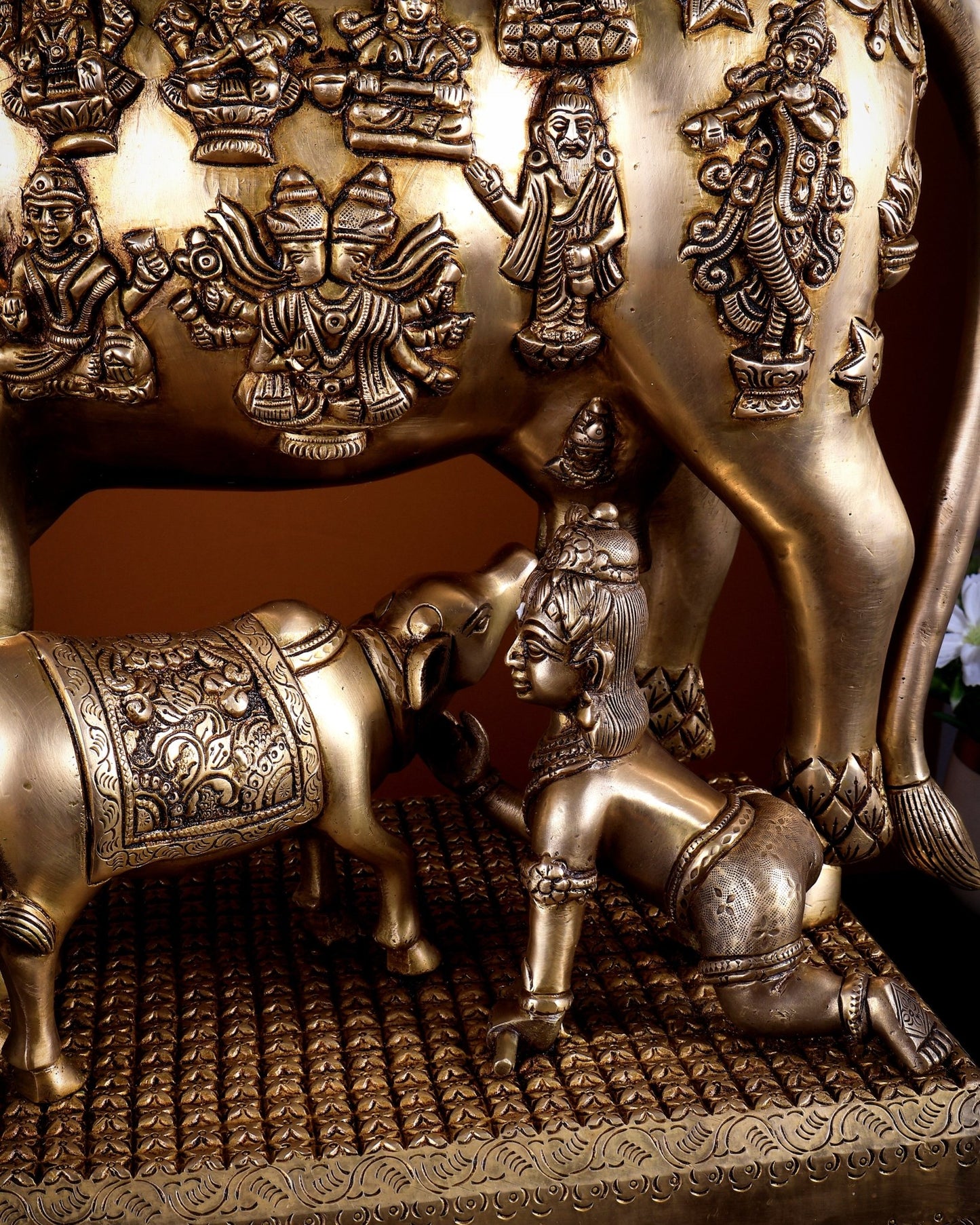 Pure Brass Large Kamdhenu Cow with Calf enhanced carvings 20 inch - Budhshiv.com