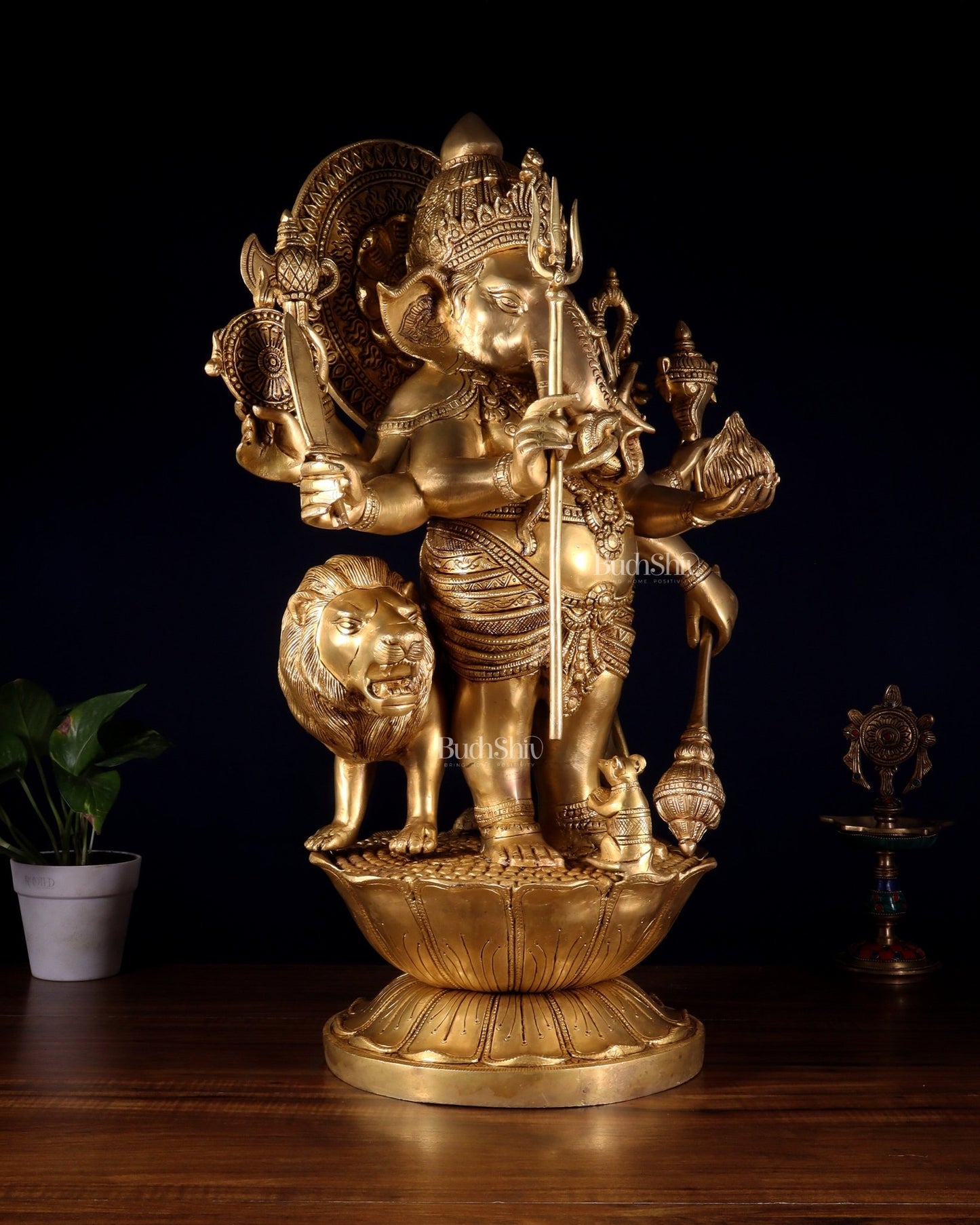 Pure Brass Large Kana Drishti Ganesha Standing with Lion Statue 24 inch - Budhshiv.com