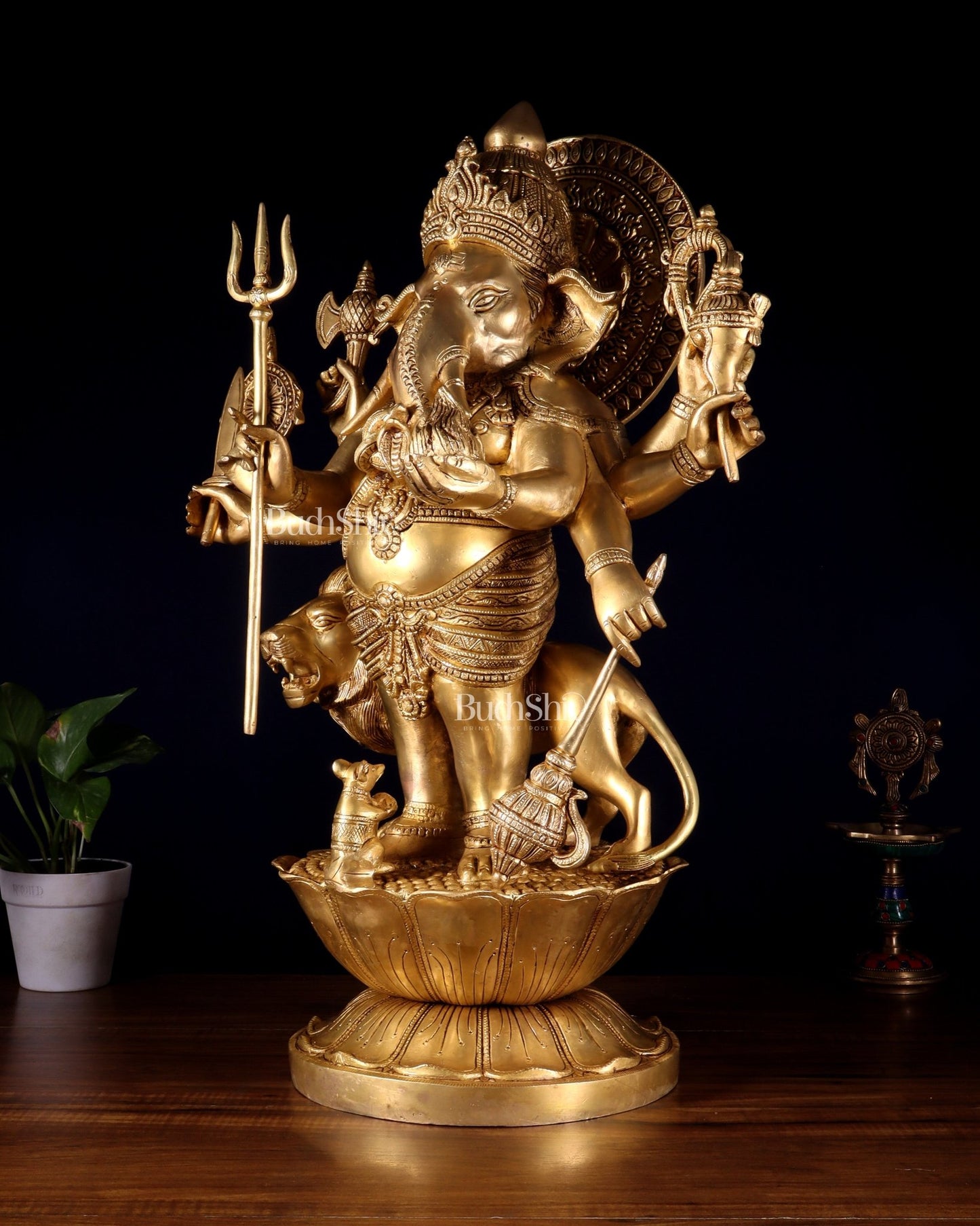 Pure Brass Large Kana Drishti Ganesha Standing with Lion Statue 24 inch - Budhshiv.com