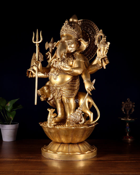 Pure Brass Large Kana Drishti Ganesha Standing with Lion Statue 24 inch - Budhshiv.com