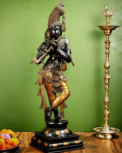 Pure brass large Krishna kerala style 36" black and golden tone - Budhshiv.com