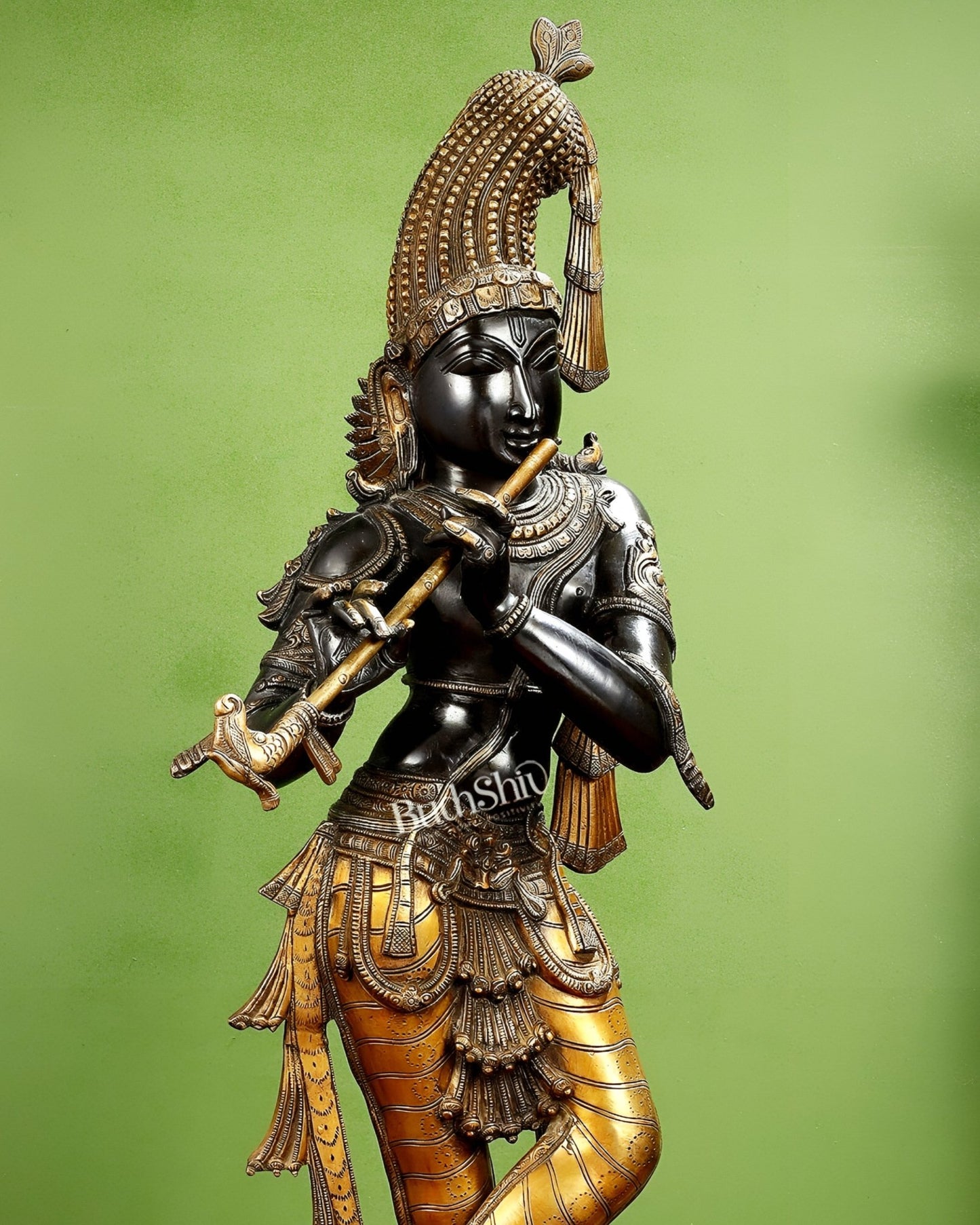 Pure brass large Krishna kerala style 36" black and golden tone - Budhshiv.com