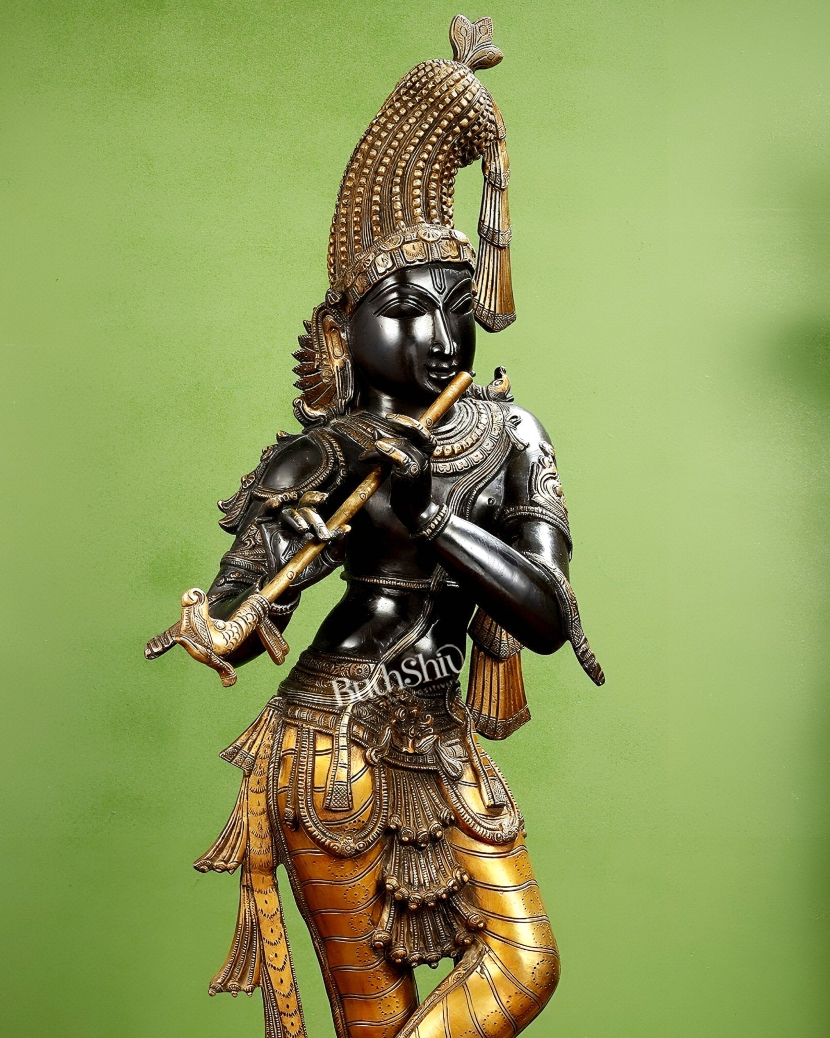 Pure brass large Krishna kerala style 36" black and golden tone - Budhshiv.com