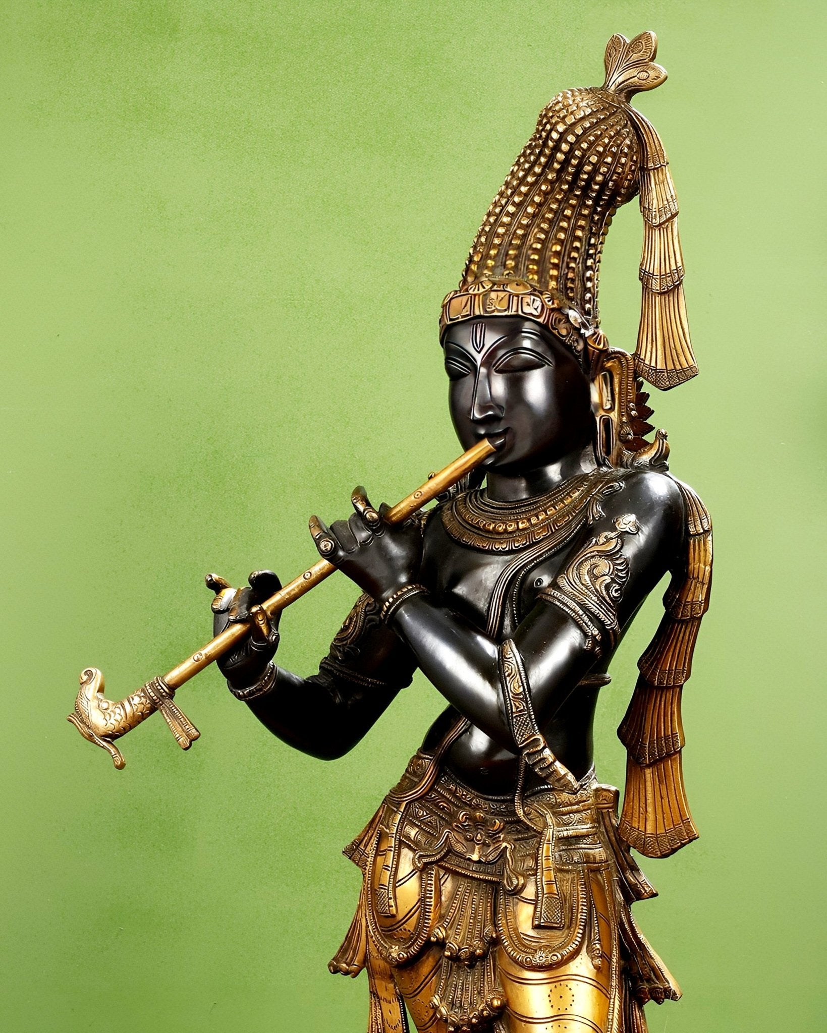 Pure brass large Krishna kerala style 36" black and golden tone - Budhshiv.com