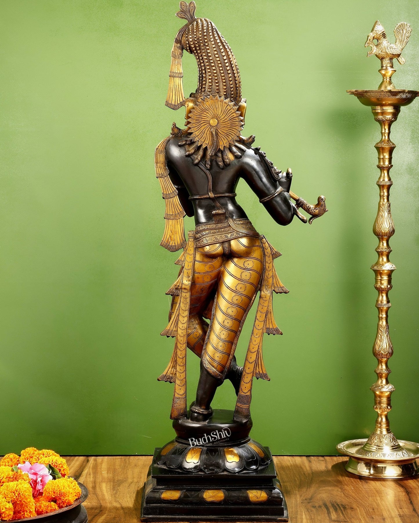 Pure brass large Krishna kerala style 36" black and golden tone - Budhshiv.com