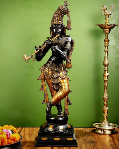 Pure brass large Krishna kerala style 36" black and golden tone - Budhshiv.com