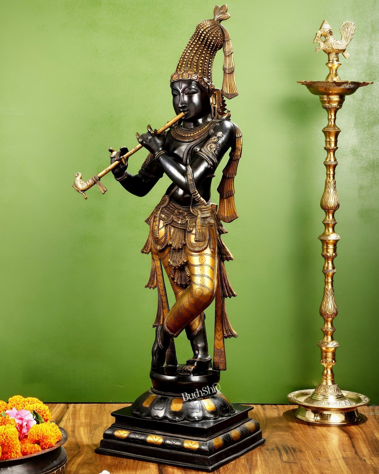Pure brass large Krishna kerala style 36" black and golden tone - Budhshiv.com