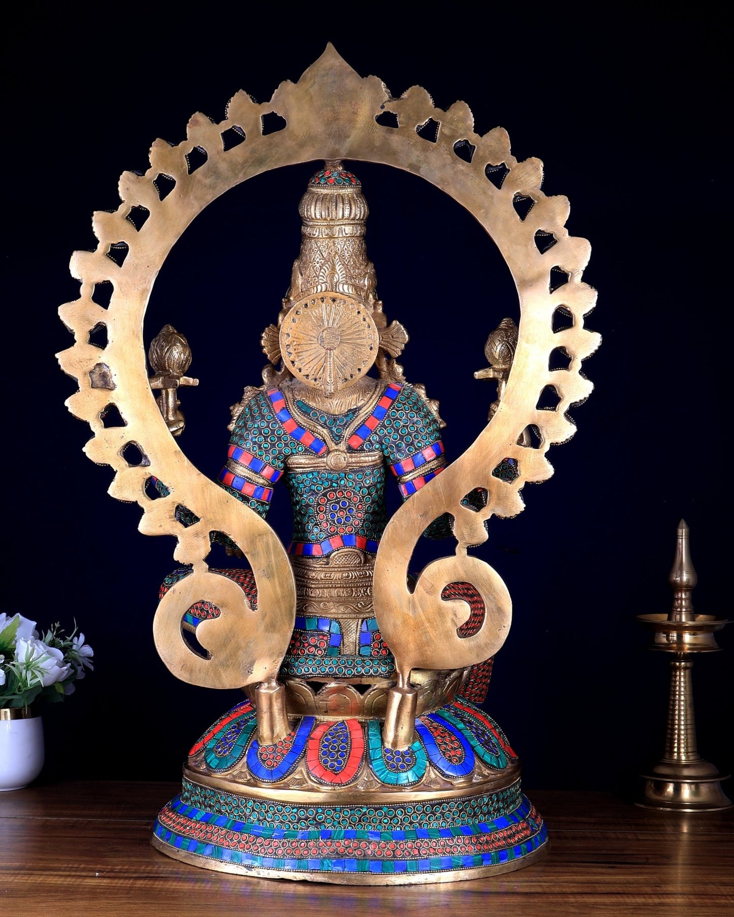 Pure Brass Large Lakshmi Devi Statue with Meenakari Stonework – 27" Tall, - Budhshiv.com