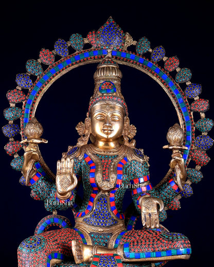 Pure Brass Large Lakshmi Devi Statue with Meenakari Stonework – 27" Tall, - Budhshiv.com