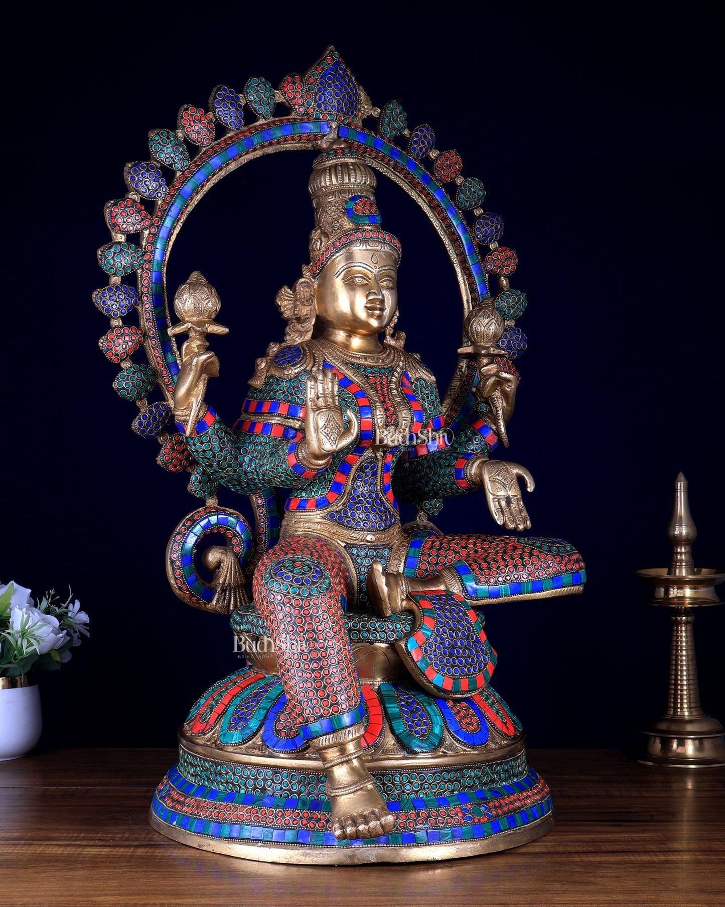 Pure Brass Large Lakshmi Devi Statue with Meenakari Stonework – 27" Tall, - Budhshiv.com