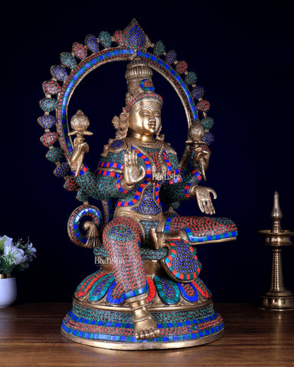 Pure Brass Large Lakshmi Devi Statue with Meenakari Stonework – 27" Tall, - Budhshiv.com
