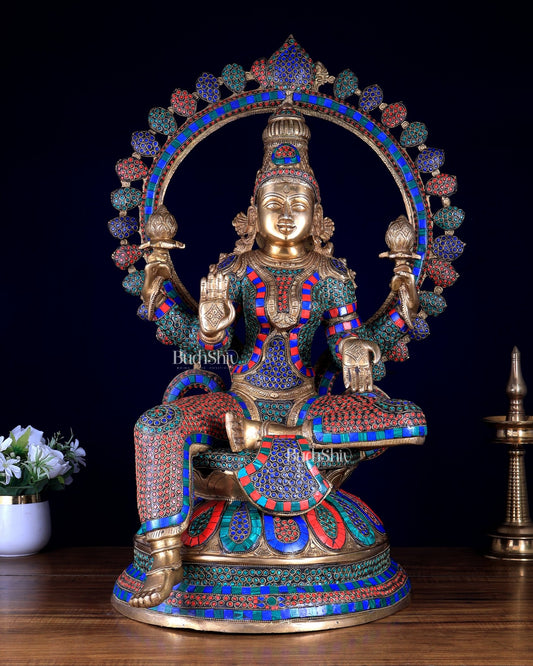 Pure Brass Large Lakshmi Devi Statue with Meenakari Stonework – 27" Tall, - Budhshiv.com