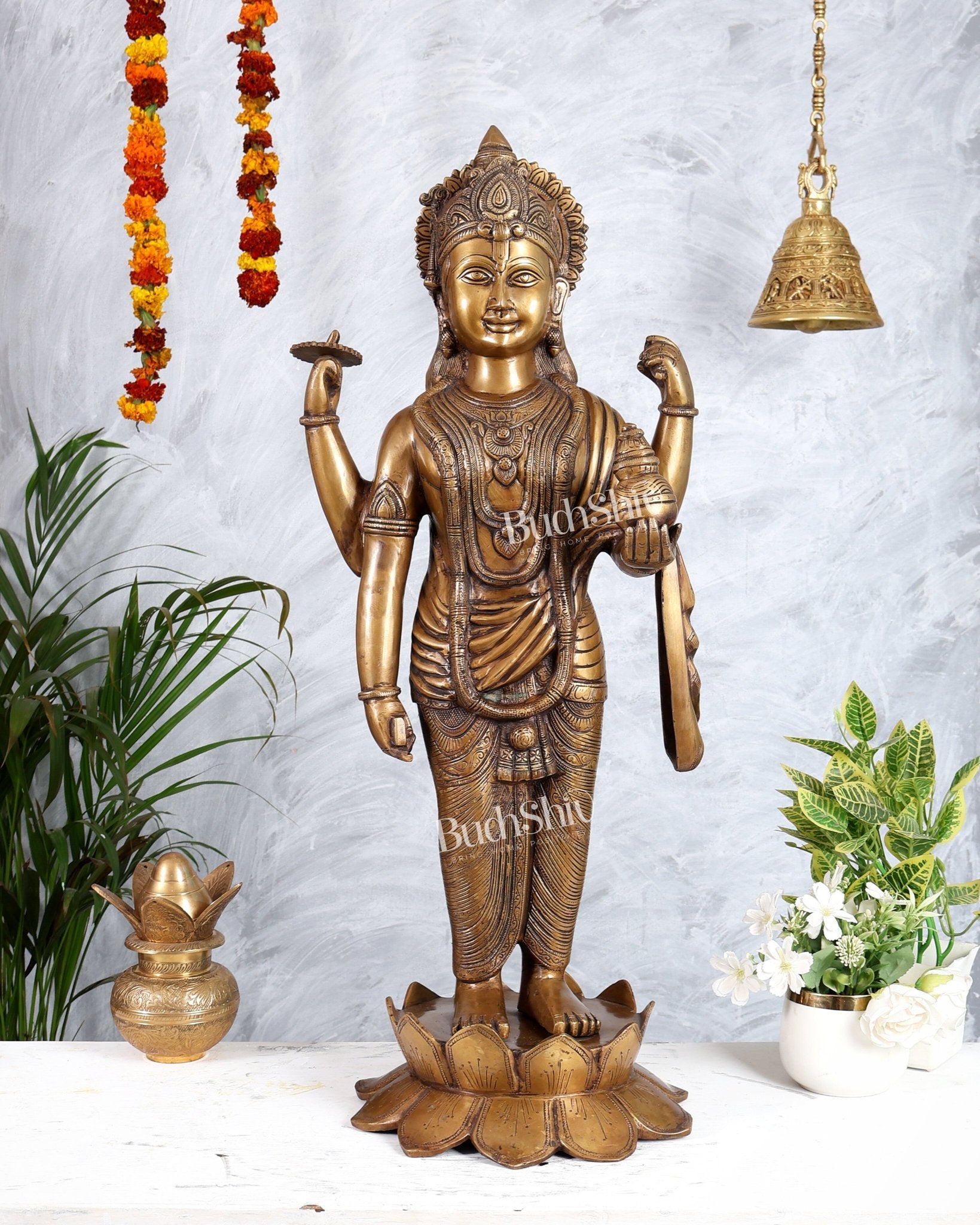 Pure Brass Large Lord Dhanvantari Statue | 30 Inch - Budhshiv.com