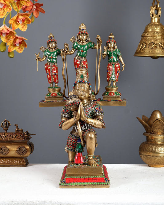 Pure Brass Large Lord Hanuman Carrying Rama, Lakshman, and Sita | Unique Ram Darbar Idol 18 inch with meenakari - Budhshiv.com