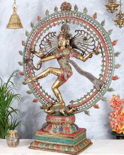 Pure Brass Large Lord Shiva as Nataraja - 47 Inch, meenakari Stonework - Budhshiv.com