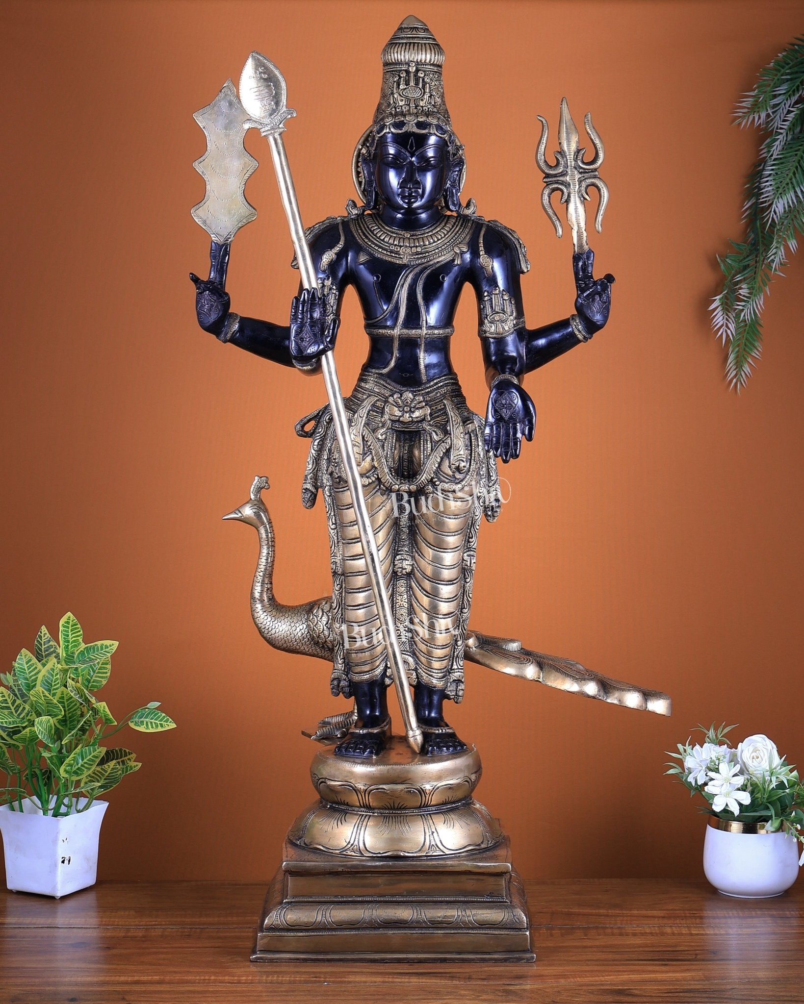 Pure Brass Large Murugan Kartikeya Statue | Black Finish 37 inch - Budhshiv.com