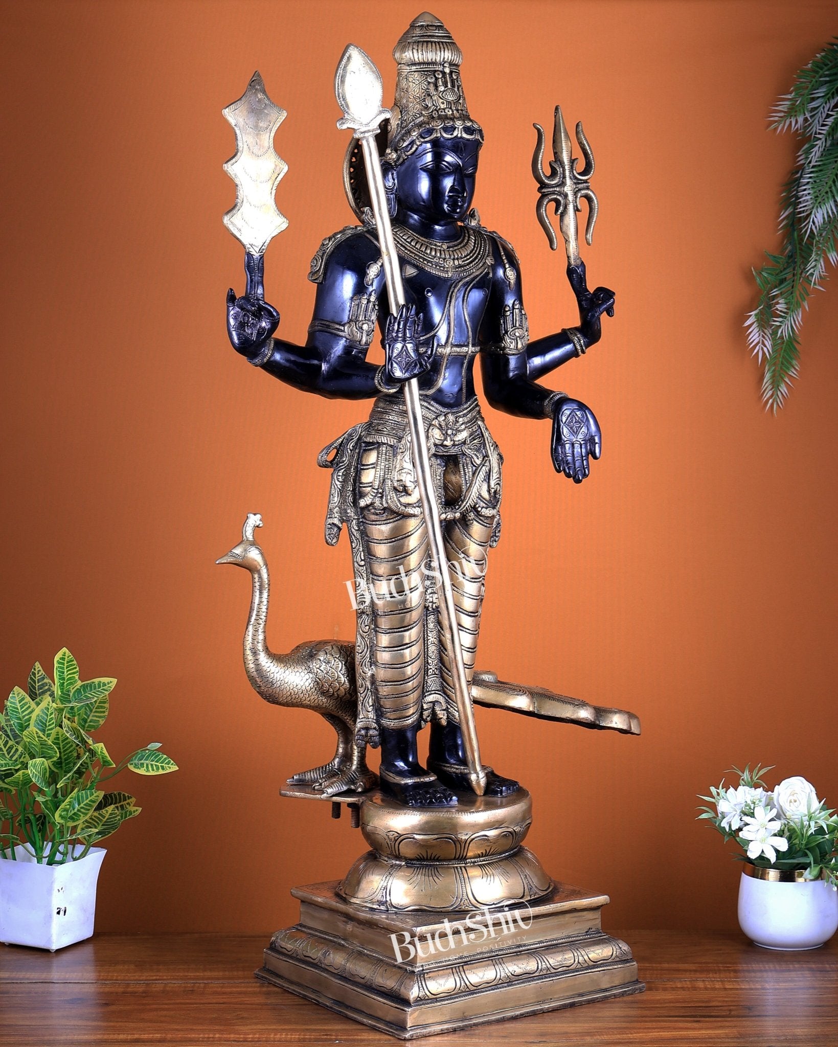 Pure Brass Large Murugan Kartikeya Statue | Black Finish 37 inch - Budhshiv.com