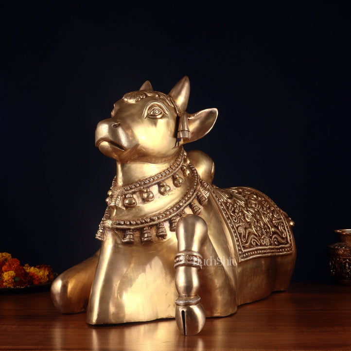 Pure Brass Large Nandi Statue – Straight Face, Superfine Carvings, 17 Inch, 30 Kg - Budhshiv.com