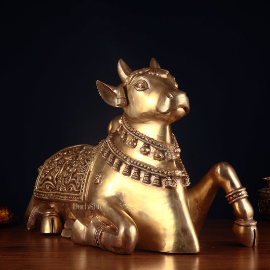 Pure Brass Large Nandi Statue – Straight Face, Superfine Carvings, 17 Inch, 30 Kg - Budhshiv.com