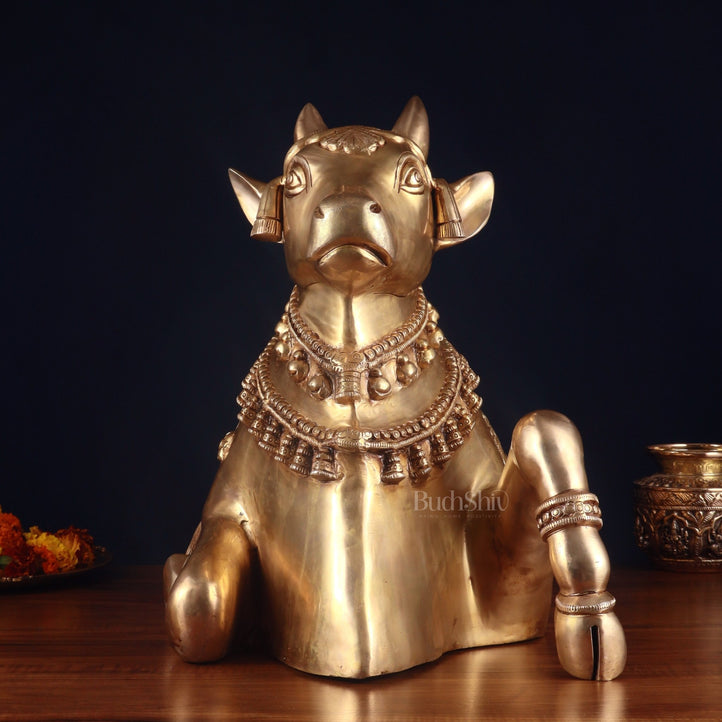 Pure Brass Large Nandi Statue – Straight Face, Superfine Carvings, 17 Inch, 30 Kg - Budhshiv.com