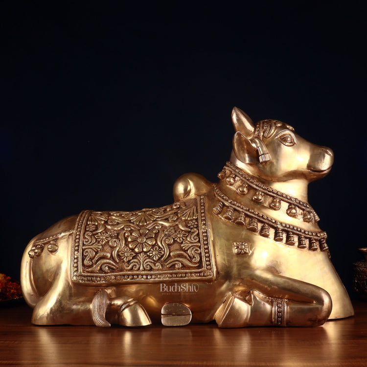 Pure Brass Large Nandi Statue – Straight Face, Superfine Carvings, 17 Inch, 30 Kg - Budhshiv.com