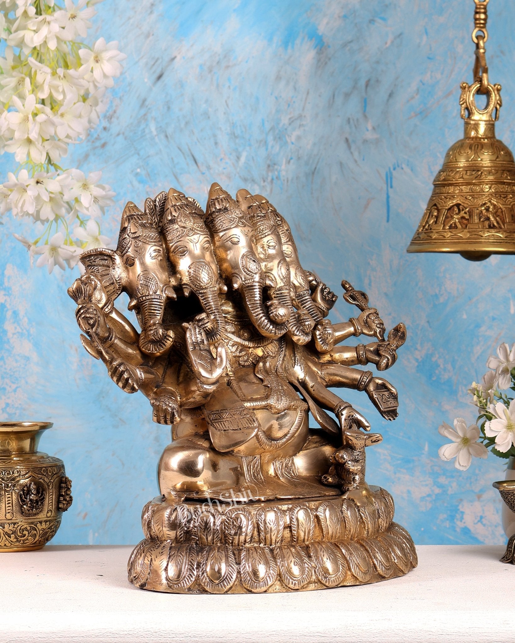 Pure Brass Large Panchmukhi Ganesha Statue 13" - Budhshiv.com