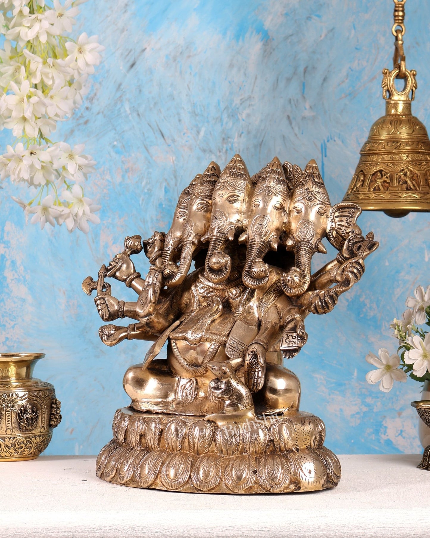 Pure Brass Large Panchmukhi Ganesha Statue 13" - Budhshiv.com