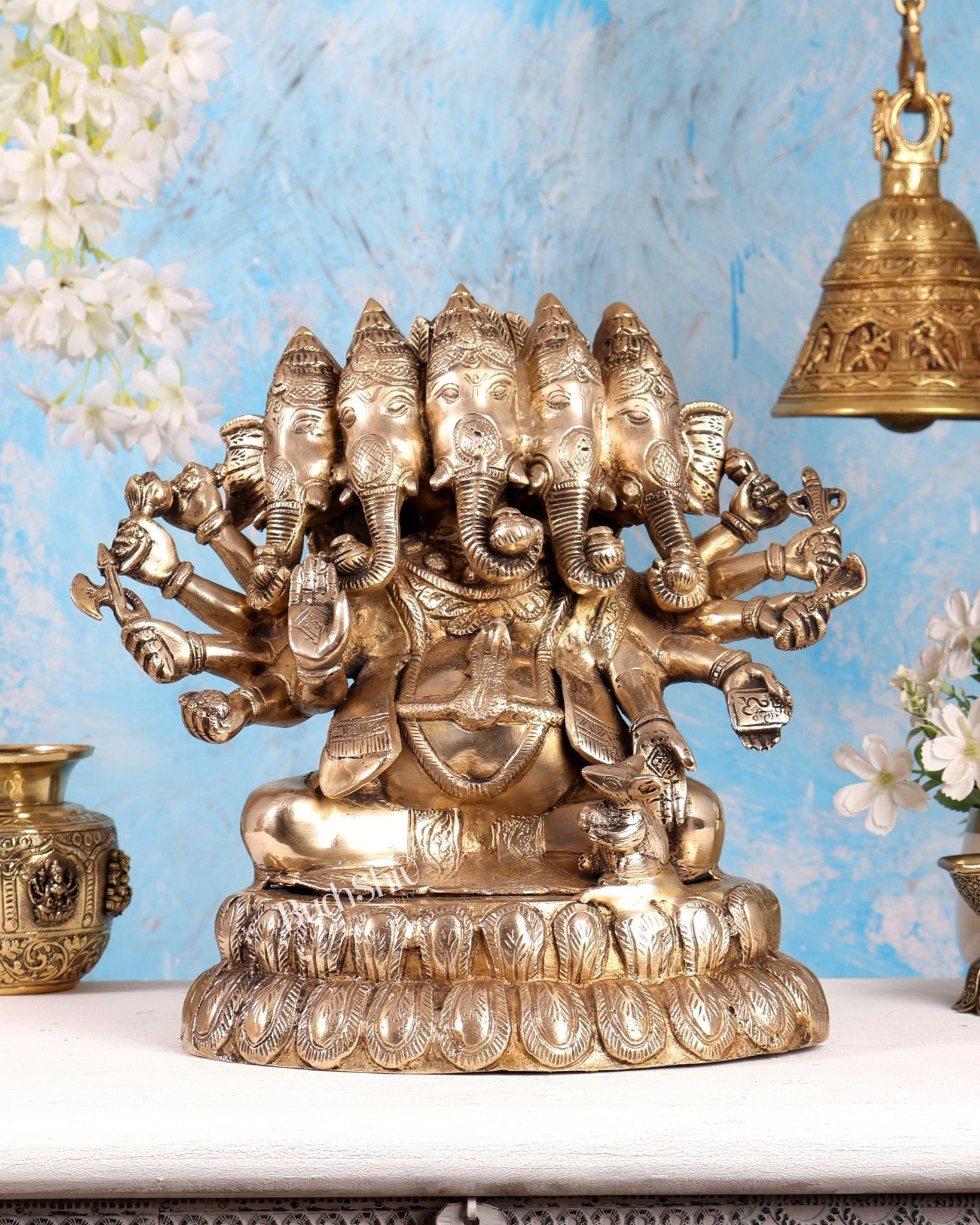 Pure Brass Large Panchmukhi Ganesha Statue 13" - Budhshiv.com
