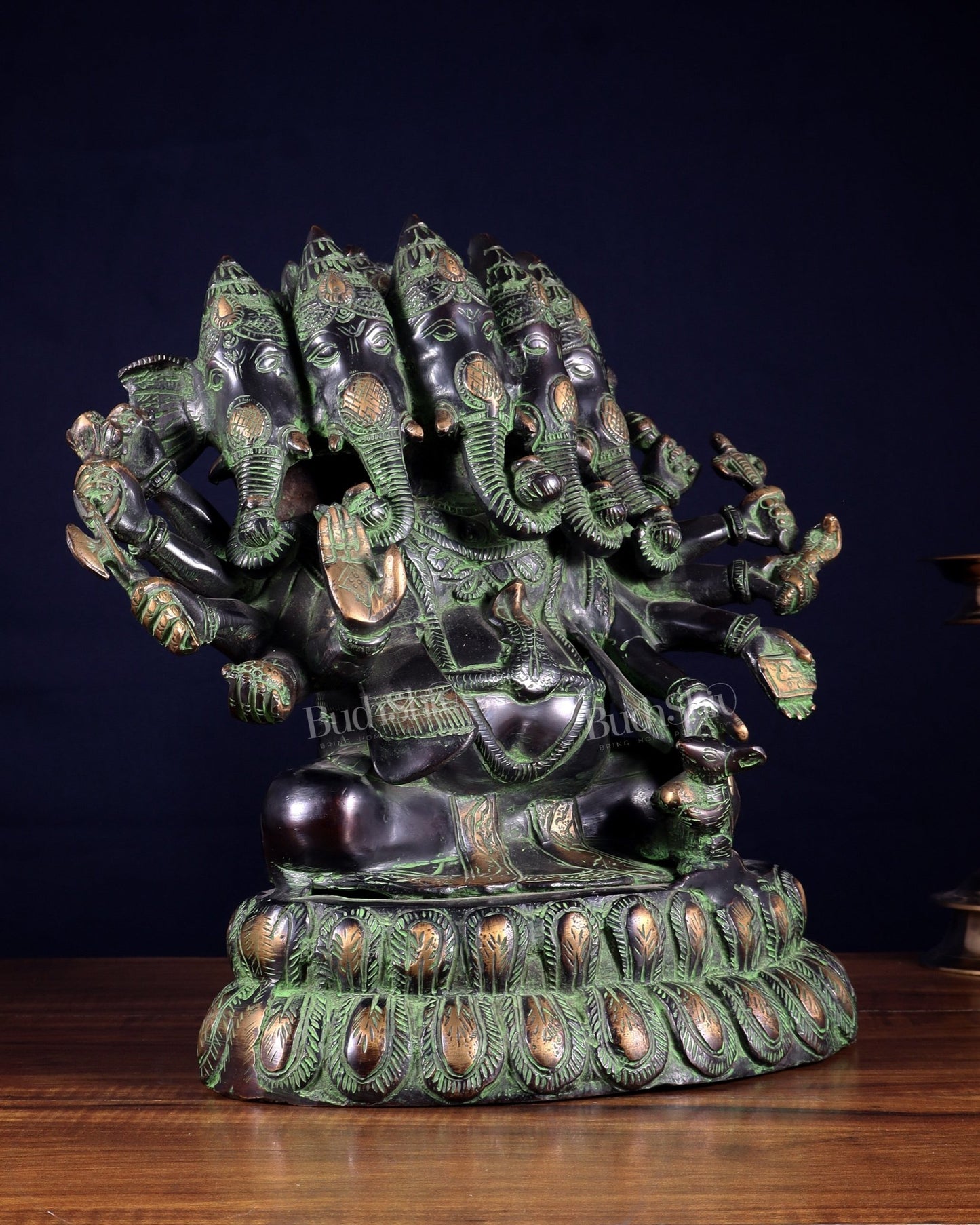 Pure Brass Large Panchmukhi Ganesha Statue - Black Green tone , 13" - Budhshiv.com